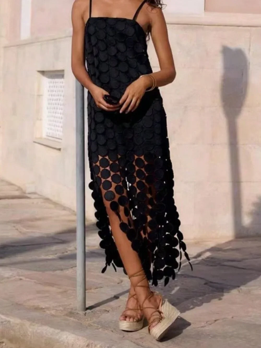 Black Sexy Women's Slip Dress with Spaghetti Straps and Fringe Hem - Picture 2 of 3